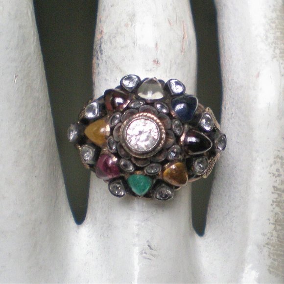 Antique Designer Solid 14K Yellow Gold Multi Gem Ruby Emerald Topaz Harem Ring - Picture 1 of 11